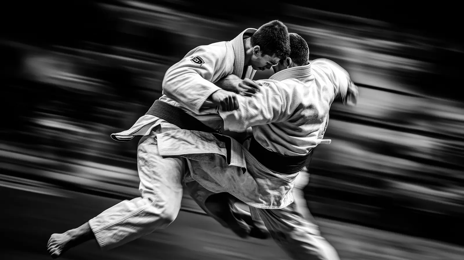 Dos atletas de jiu-jitsu en pleno agarre sobre el tatami